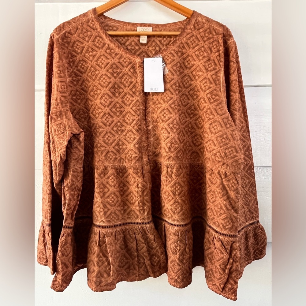 Logo Lawish  Women's Brown Textured 100% Cotton Top Blouse Fall XL NWT